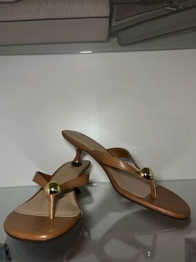 Unisa Tan Leather Thong Mules with Gold Accent